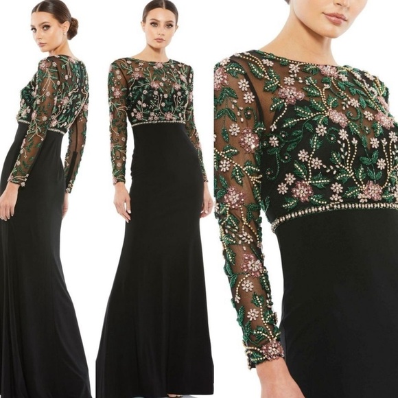 Mac Duggal EMBROIDERED ILLUSION PUFF SLEEVE COLUMN GOWN...